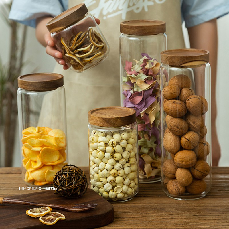 Glass Meal Prep Container - Tapa de madera, recipiente hermético de
