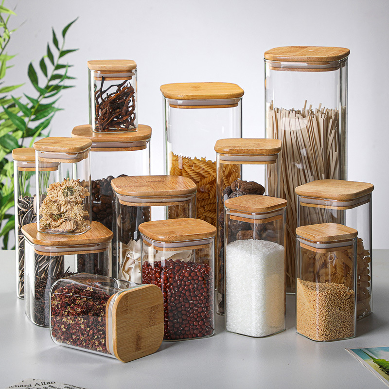 Glass Meal Prep Container - Latas de vidrio de bambú transparentes,